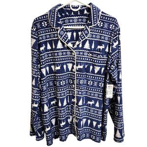 NEW Sonoma 2-Piece Faux Fur Blue & White Nordic Print Pajama Set Size XXL